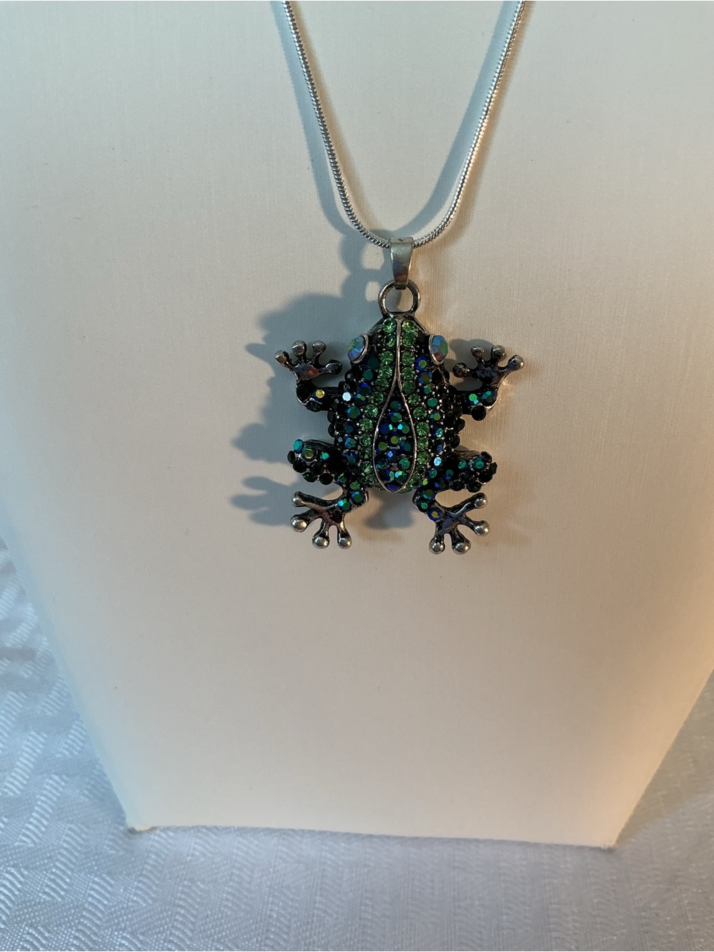 Peacock Color Pave’ Rhinestone Frog Antique Silver Tone Pendant Necklace